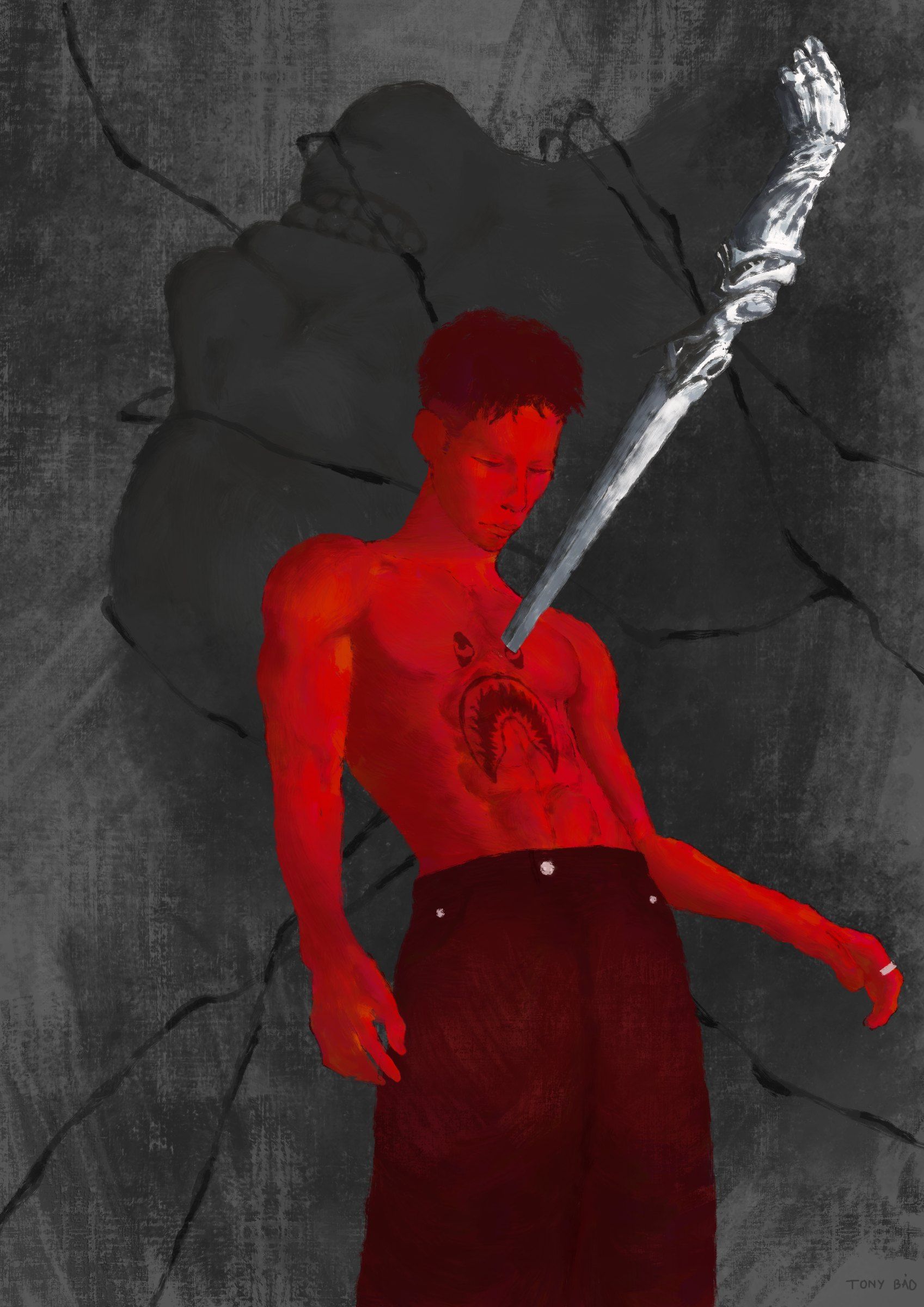 A red figure against a cracked grey background, with a silver form reaching upward.
