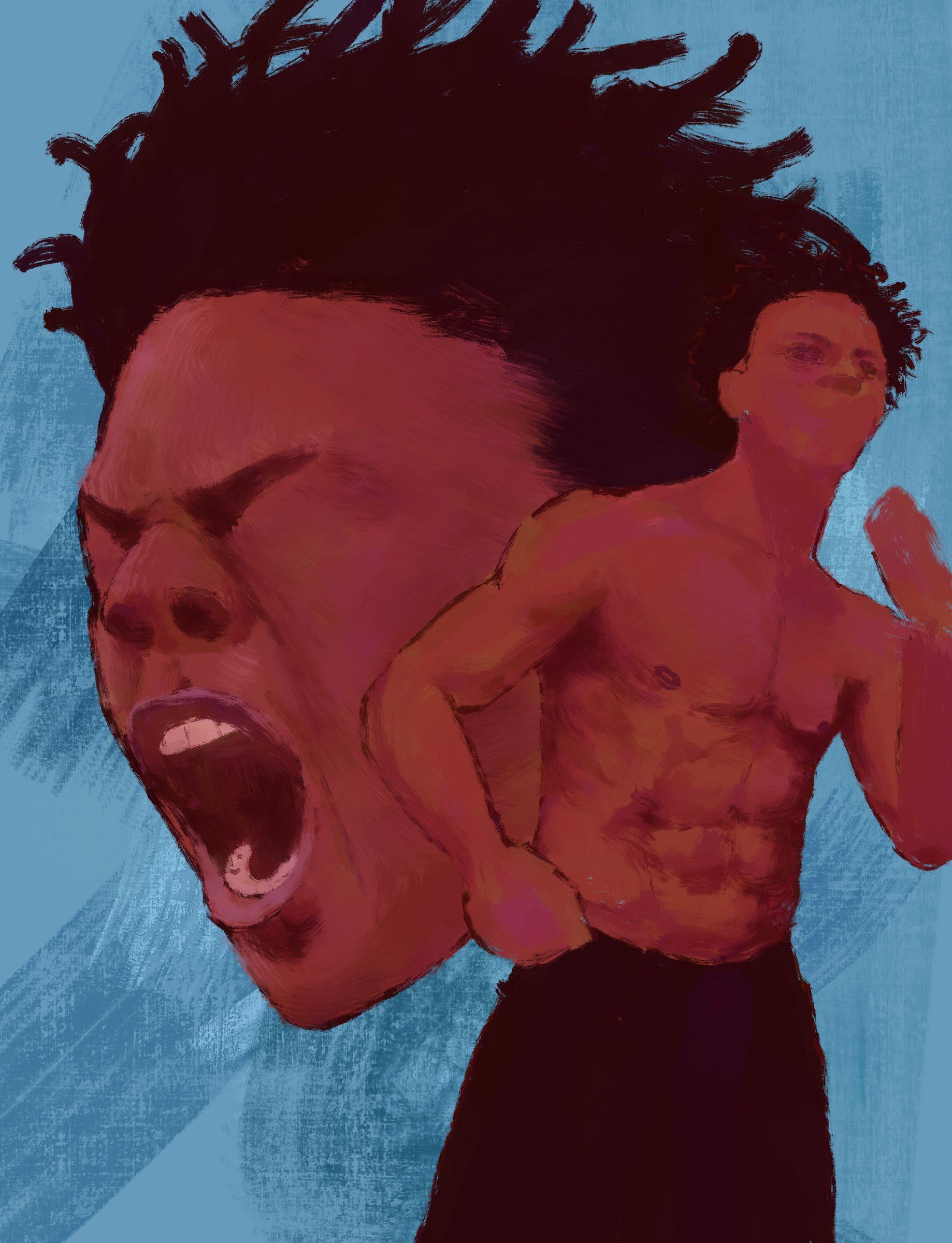 Two red-toned figures on a blue background; a large face with an open mouth and moving hair.