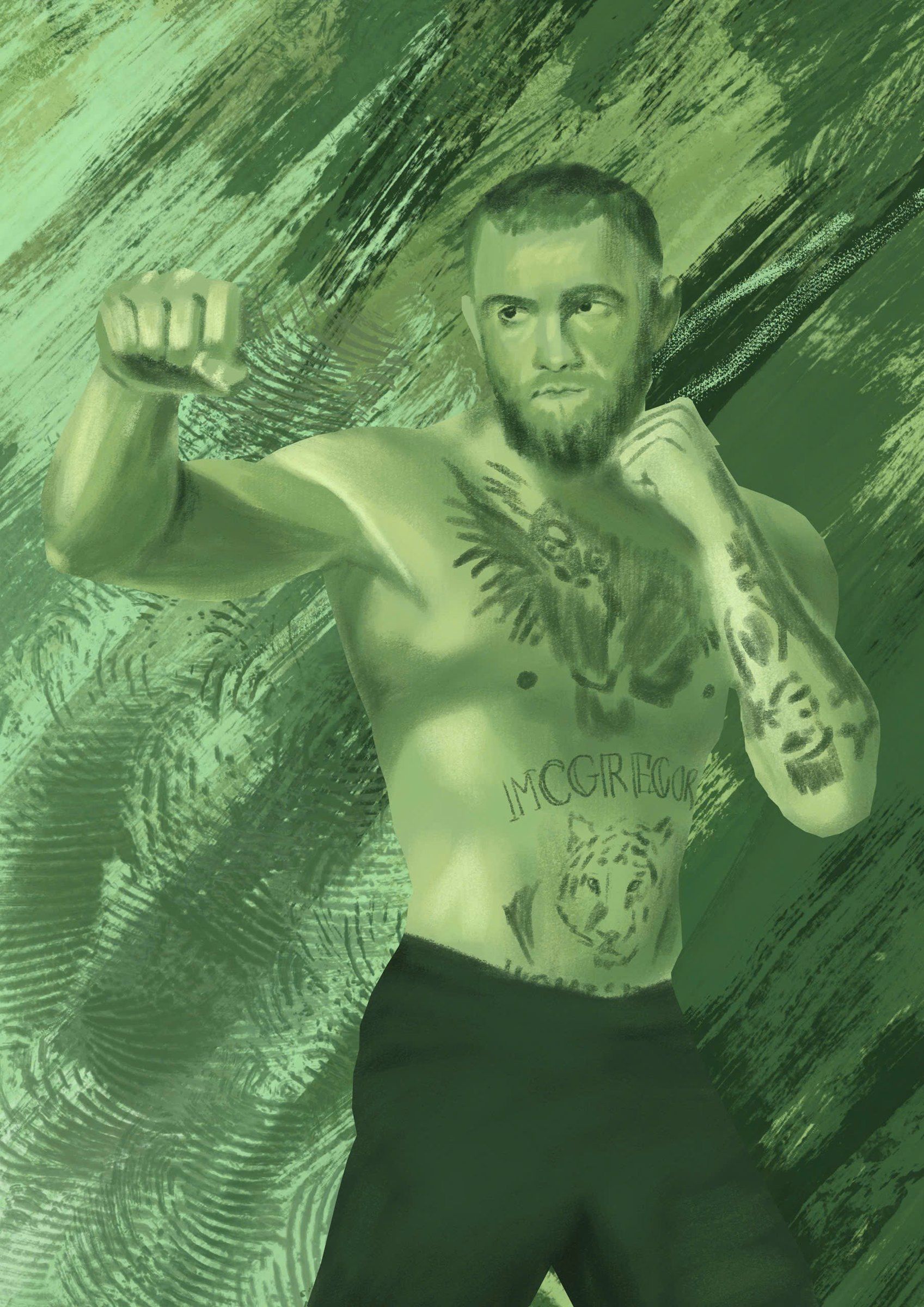 A figure in a fighting stance on a green background with diagonal brushstrokes.