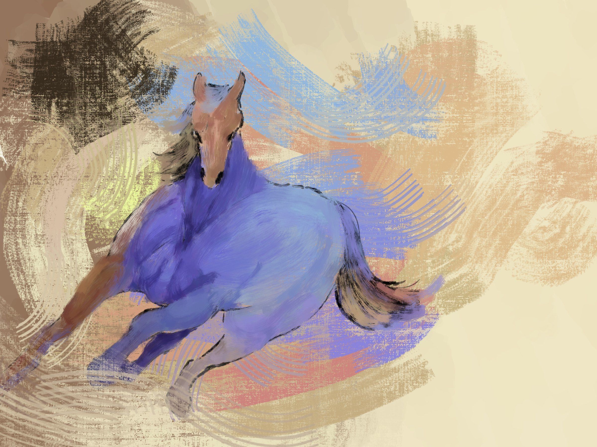 A blue and violet horse in motion on a cream background with multicoloured brushstrokes.