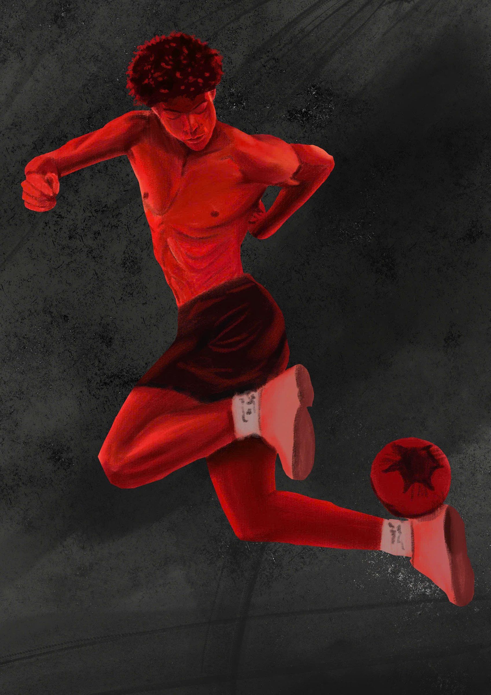 A red figure leaping beside a ball on a dark grey background.