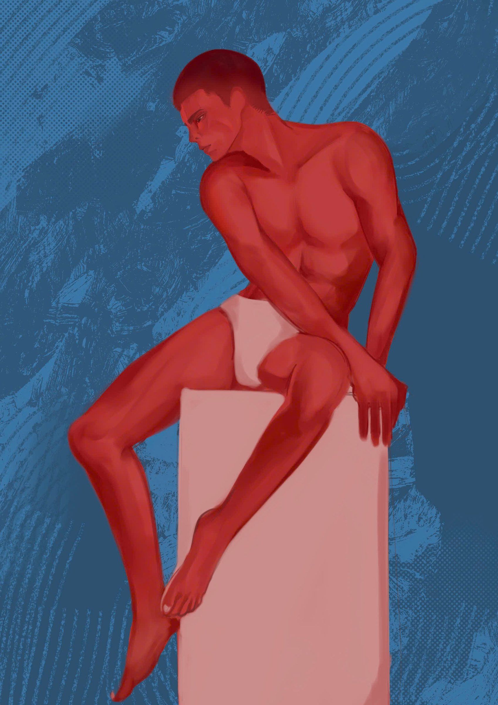 A red figure seated on a pale block against a blue background.