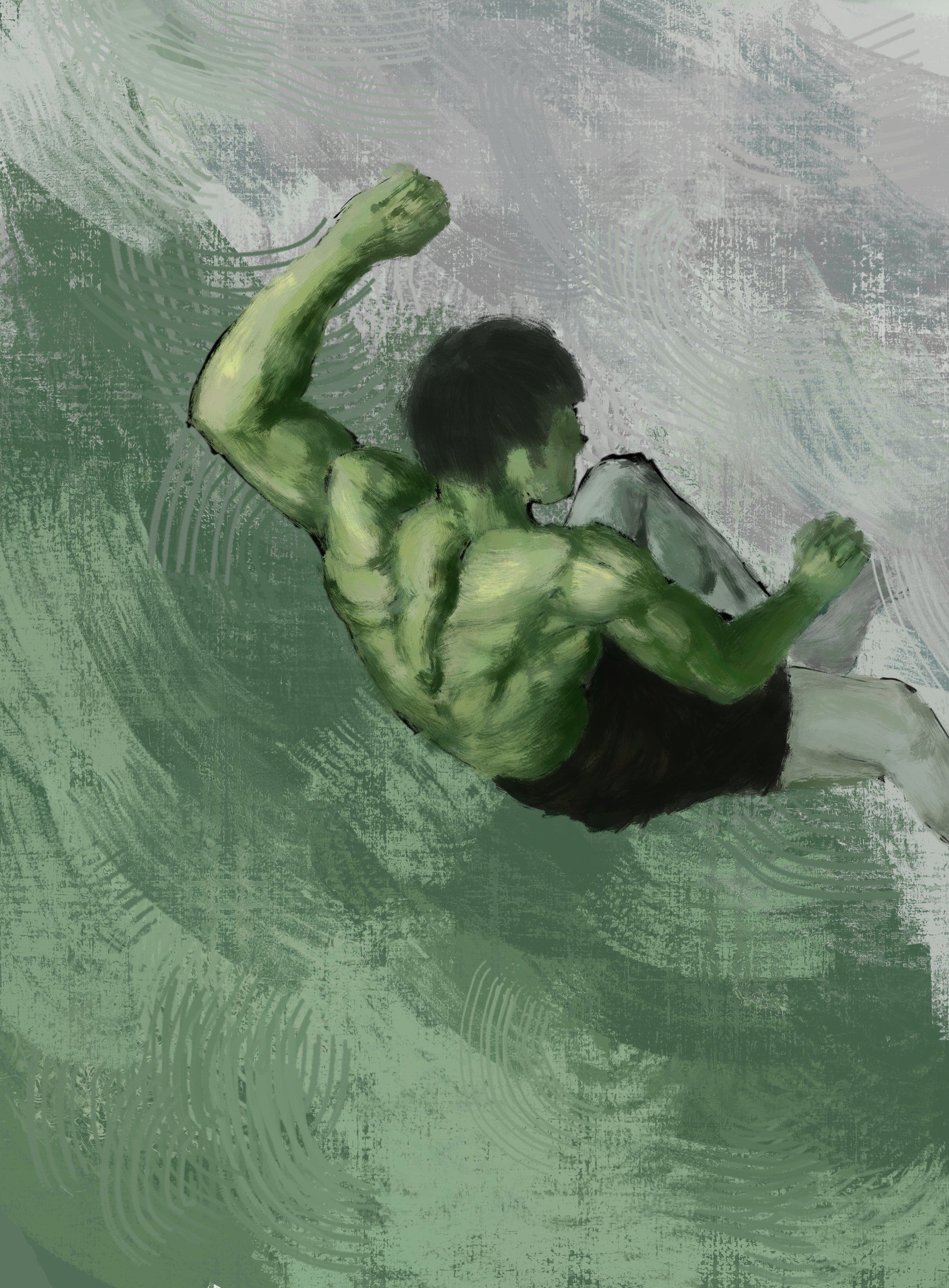 A blue-toned figure with a twisting back and bent arms on a blue-grey brushed background.