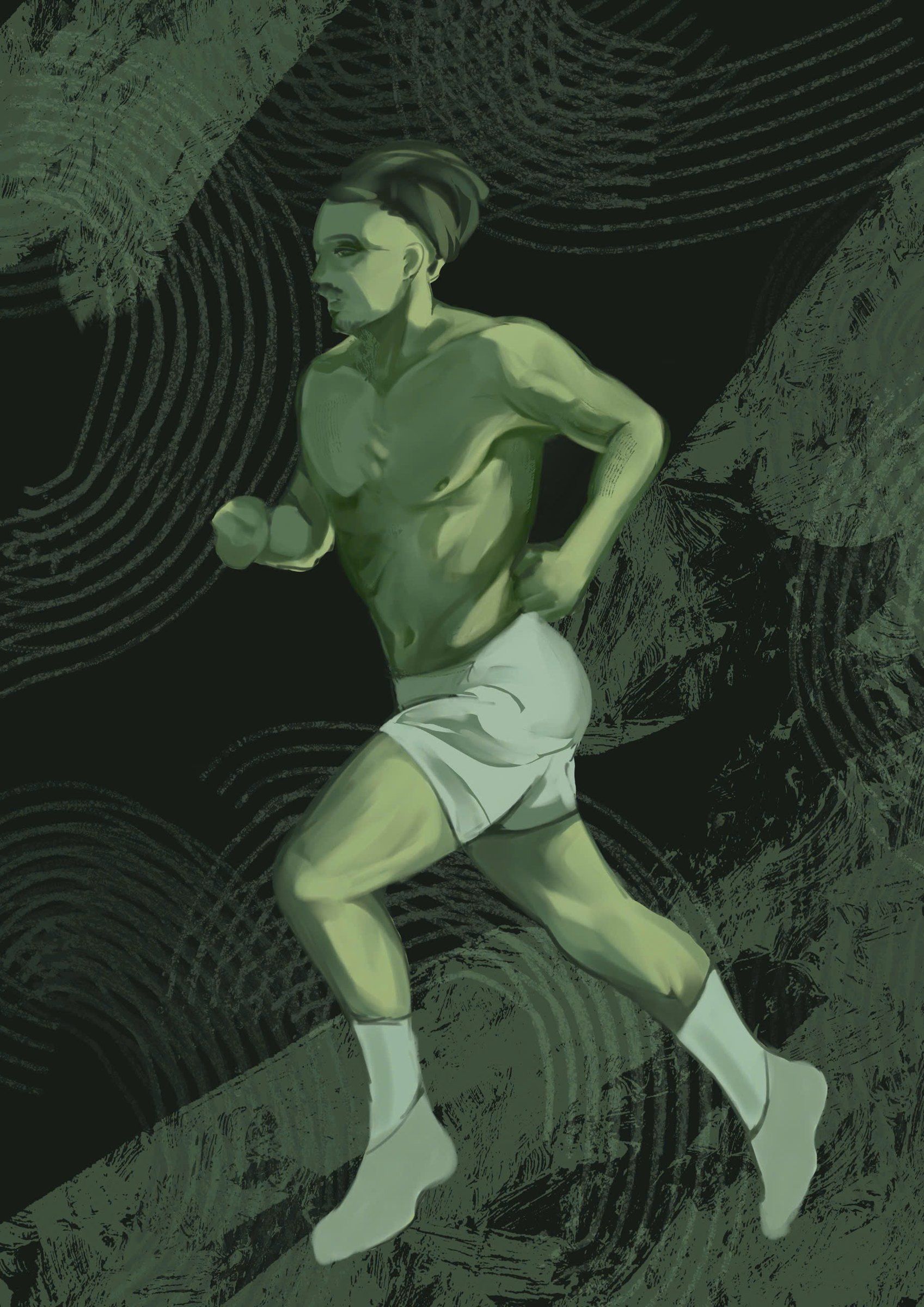 A running figure on a dark blue background with looping brushstrokes.