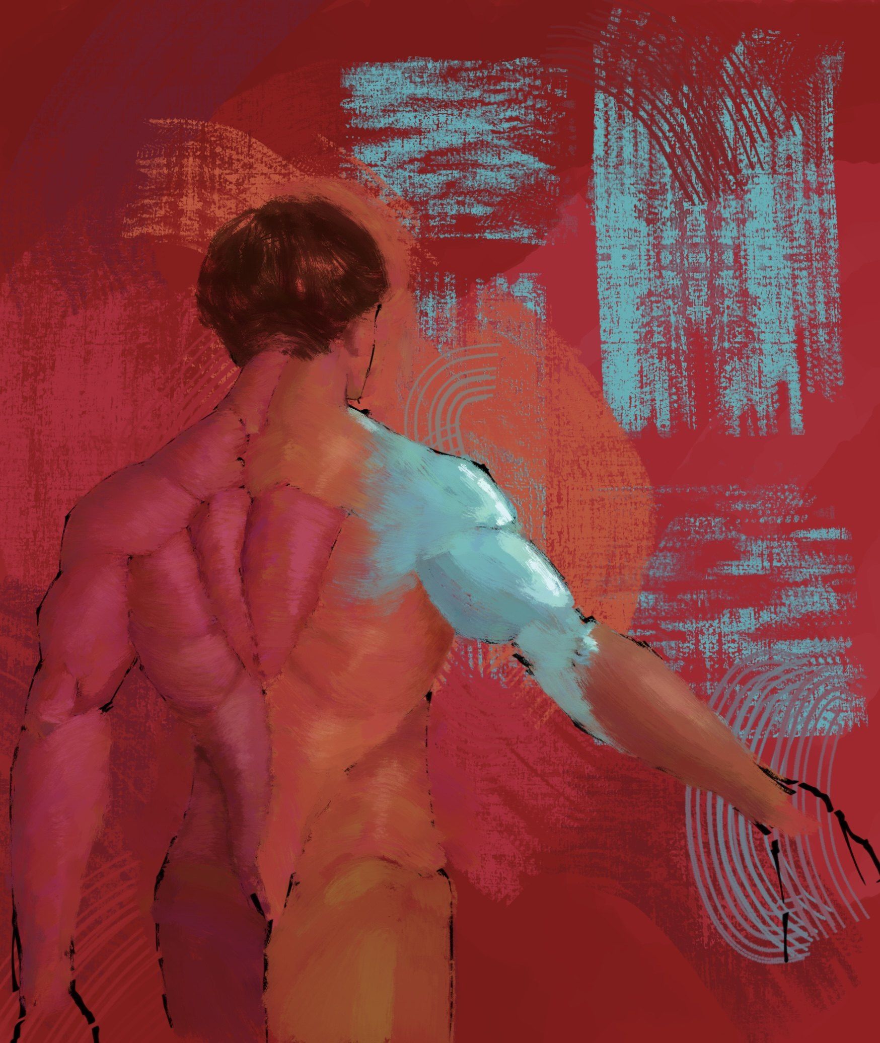 A study of a back and shoulders in red, violet and turquoise on a red background.