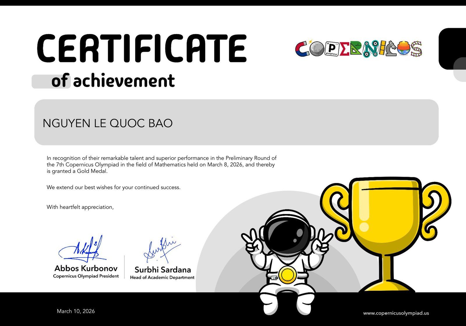 Copernicus Olympiad Gold Medal certificate.