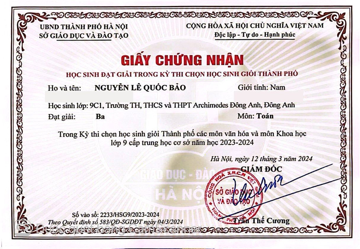 Hanoi city gifted-student examination certificate for Grade 9, Mathematics, 2023–2024.