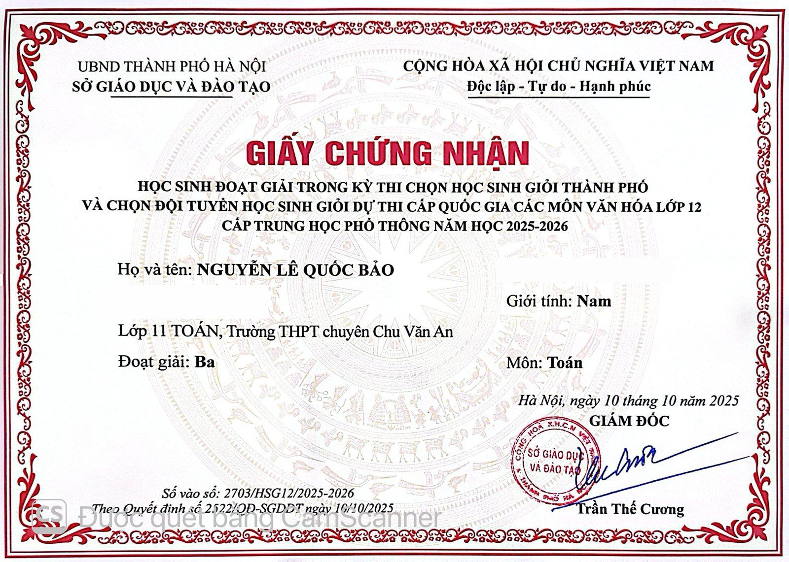 Hanoi city gifted-student competition certificate, Mathematics, Grade 11, 2025–2026.