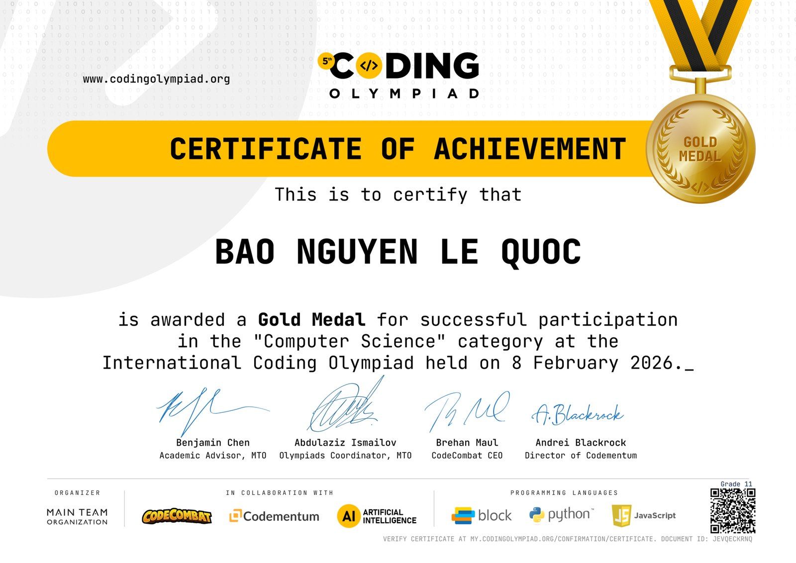 International Coding Olympiad Gold Medal certificate.