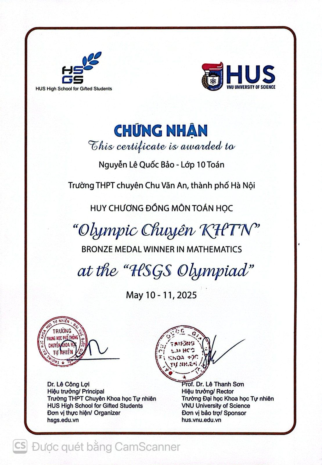 HUS High School for Gifted Students Olympiad certificate, Bronze Medal in Mathematics.