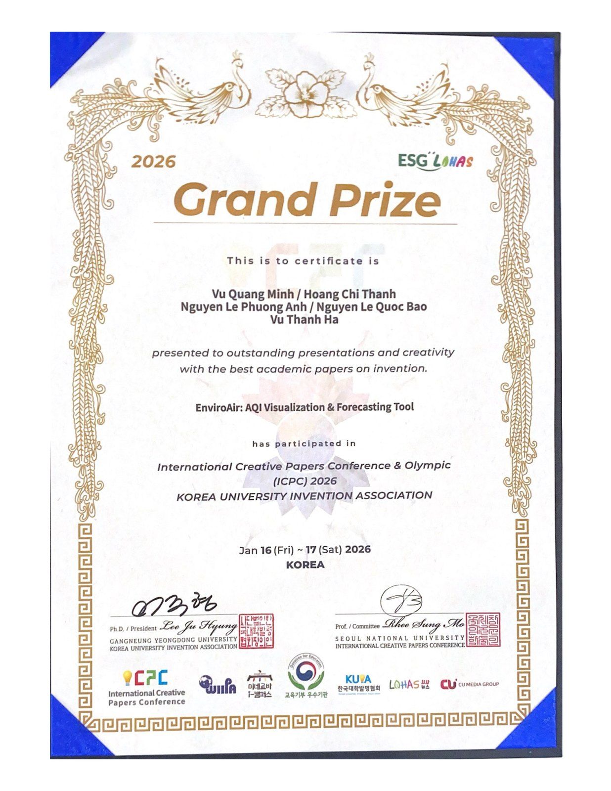 ICPC 2026 Grand Prize certificate.