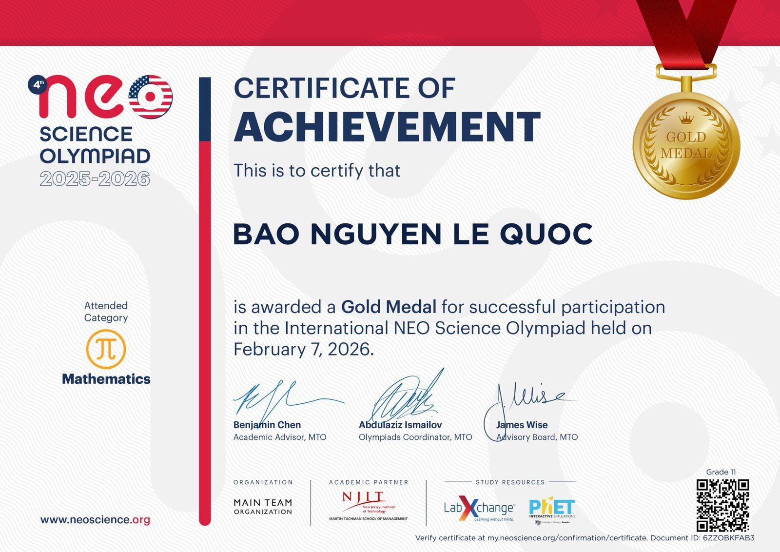 NEO Science Olympiad Gold Medal certificate, Mathematics.