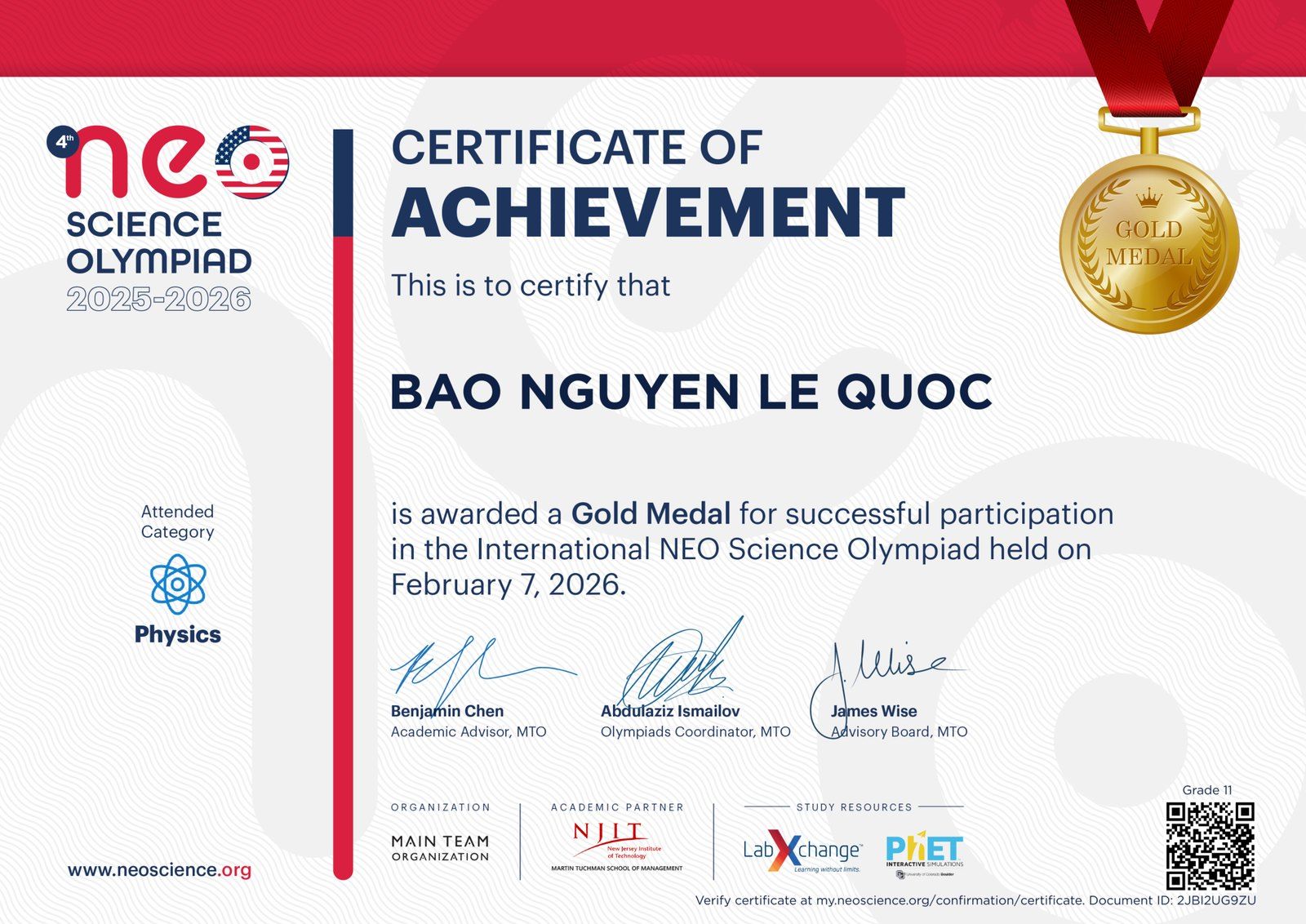 NEO Science Olympiad Gold Medal certificate, Physics.