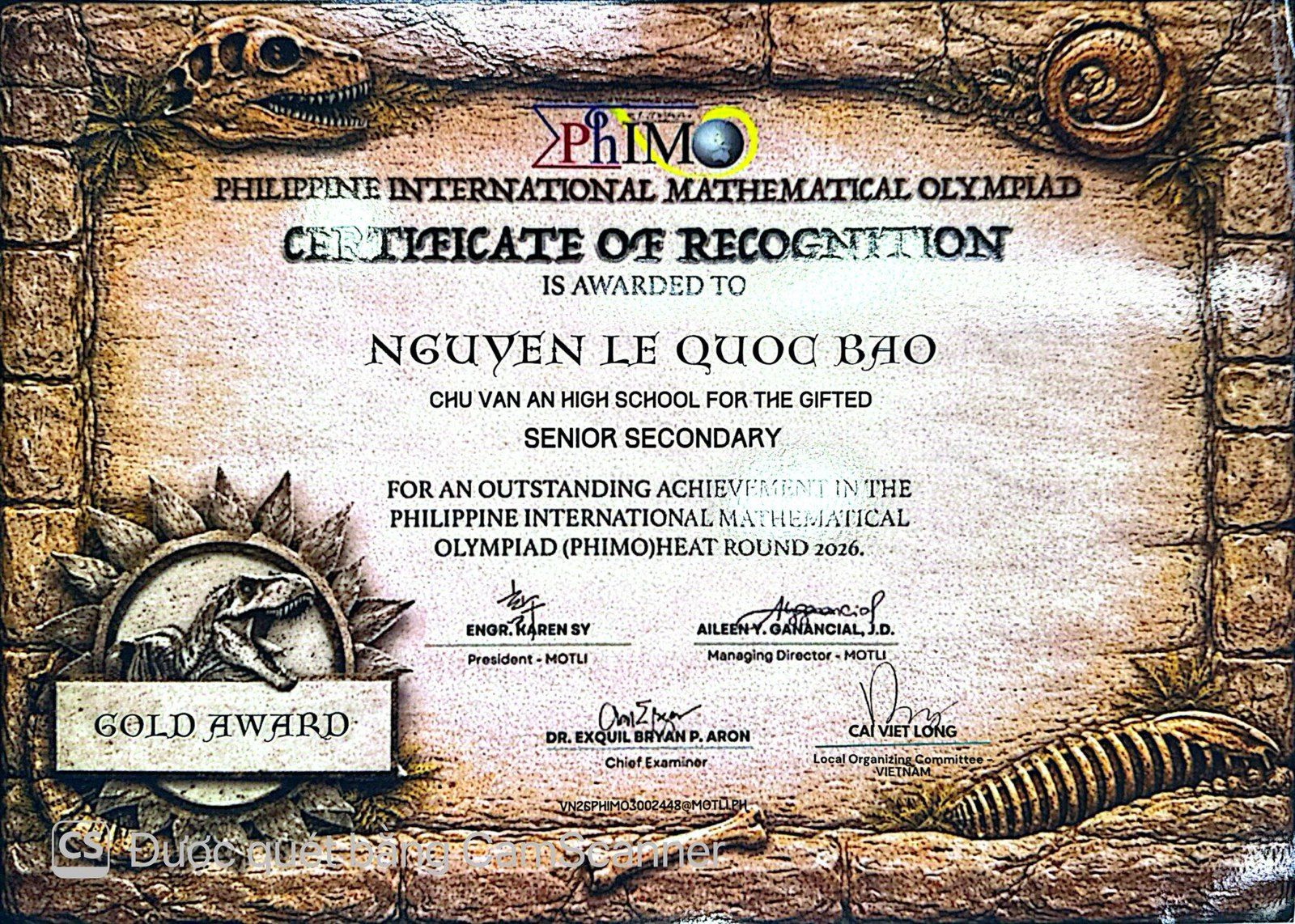 PHIMO Gold Award certificate.
