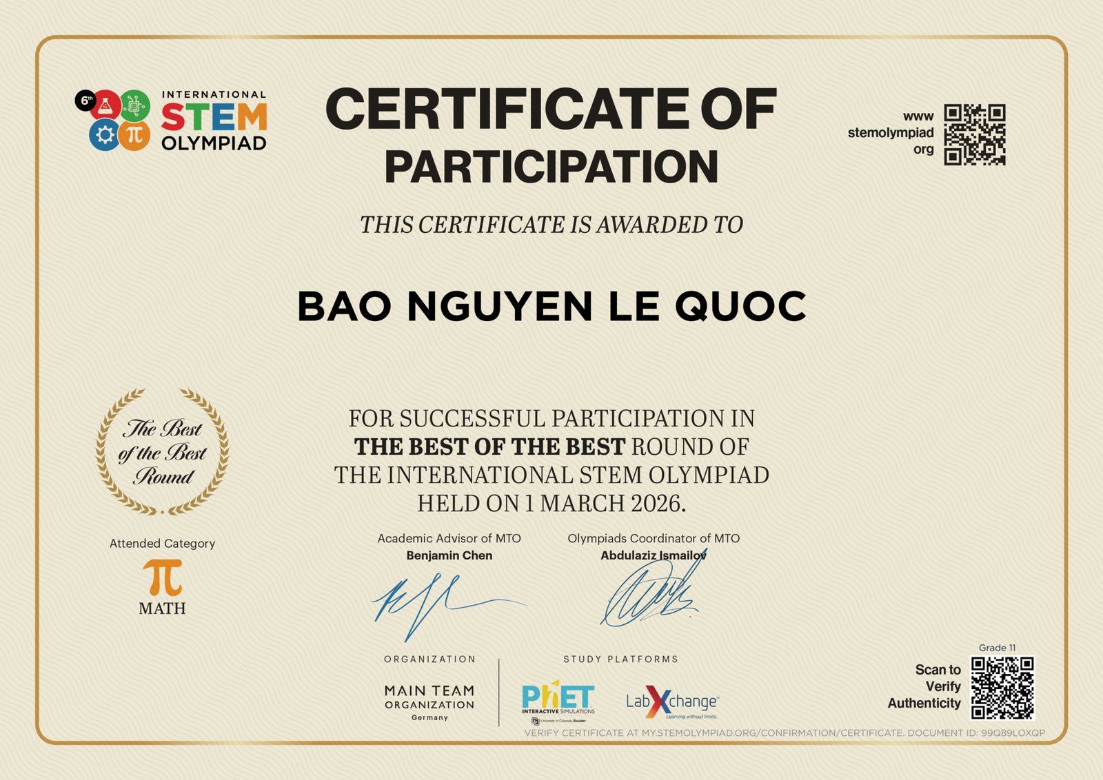 International STEM Olympiad certificate of participation, The Best of the Best Round.