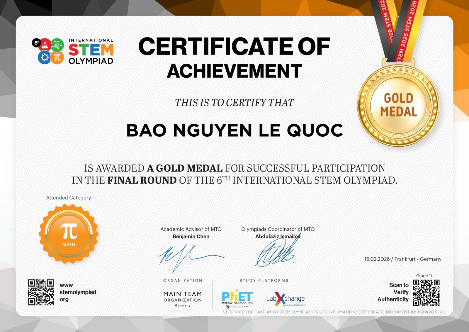 International STEM Olympiad Gold Medal certificate.