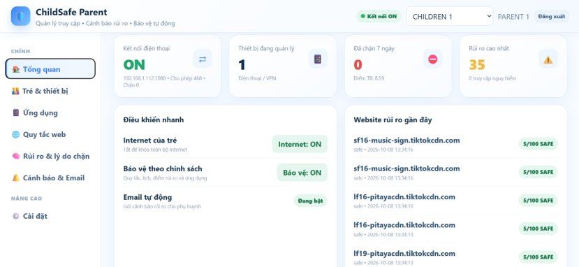 ChildSafe parent dashboard overview with connection status and recent risky websites.