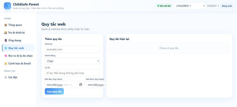 ChildSafe web rules form for adding allow or block rules.