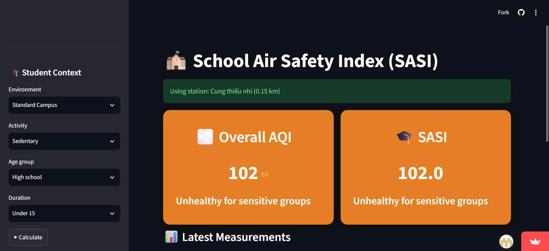 EnviroAir dashboard showing overall AQI and SASI for a student context.