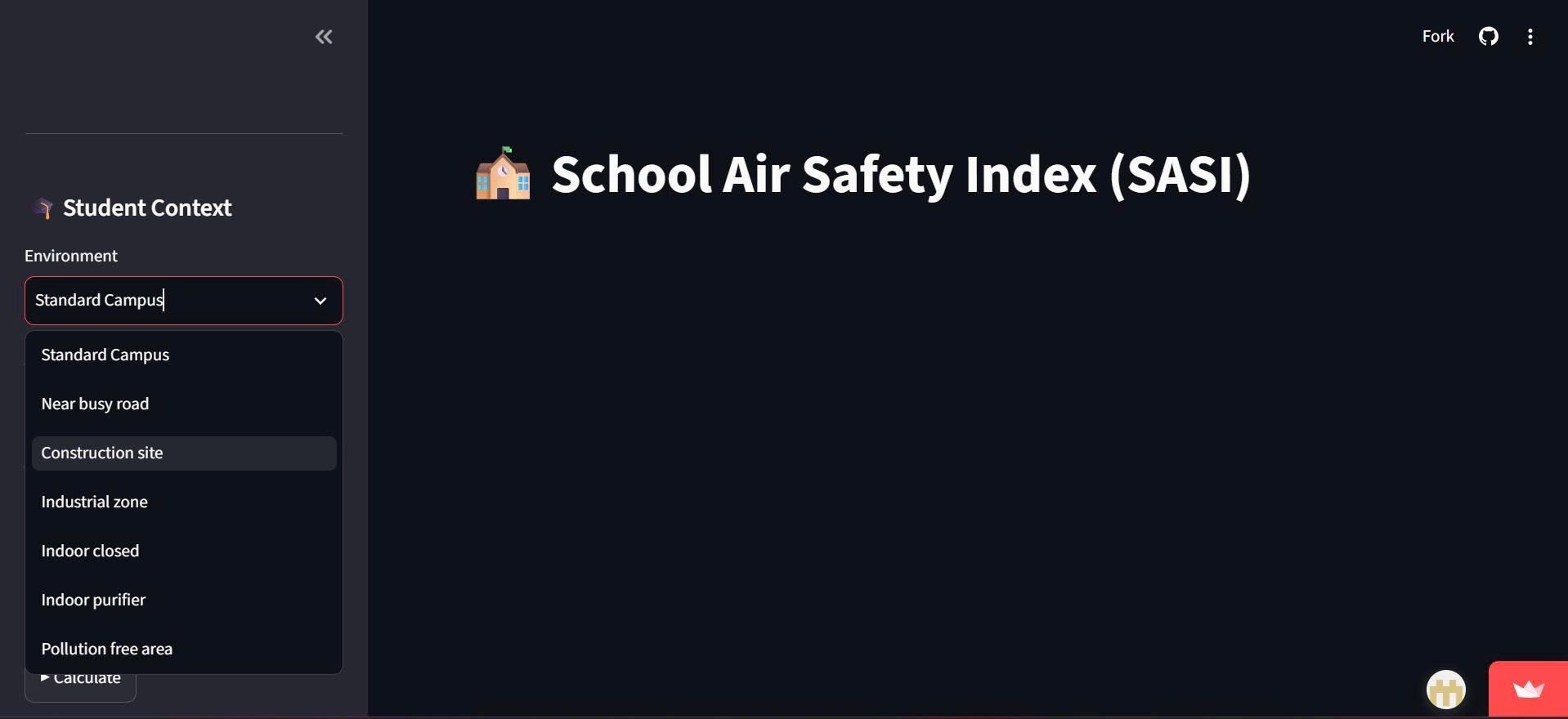 EnviroAir environment selector with campus and outdoor options.