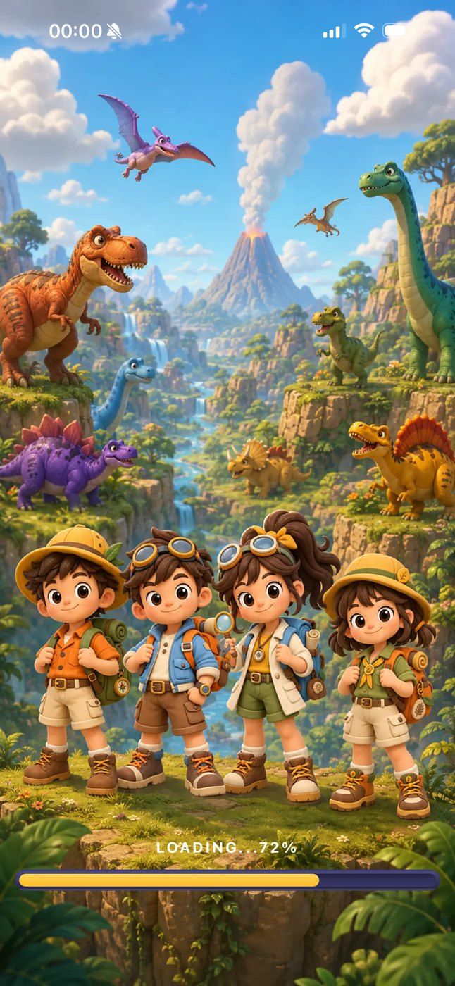MathPlay loading screen showing four explorer characters and dinosaurs.