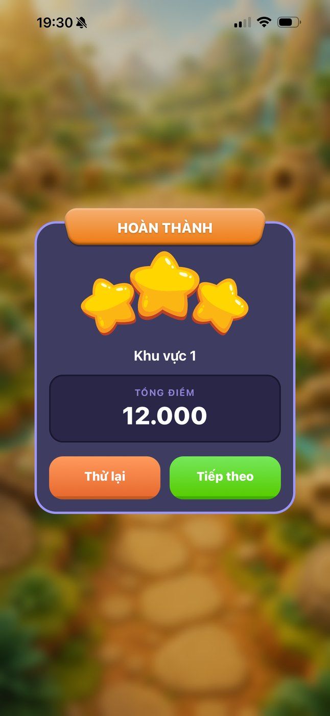 MathPlay level-complete screen with three stars and the total score.